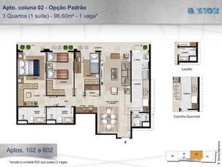 Apto. coluna 02 - Opção Padrão
3 Quartos (1 suíte) - 98,60m² - 1 vaga*
R.DonaMariana
Aptos. 102 a 602
Lavabo
Cozinha Gourmet
*exceto a unidade 602 que possui 2 vagas
 