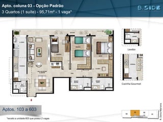 Apto. coluna 03 - Opção Padrão
3 Quartos (1 suíte) - 95,71m² - 1 vaga*
Aptos. 103 a 603
Lavabo
R.DonaMariana
Cozinha Gourmet
*exceto a unidade 603 que possui 2 vagas
 