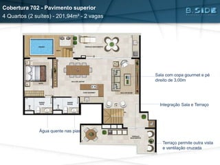 Água quente nas pias
Integração Sala e Terraço
Terraço permite outra vista
e ventilação cruzada
Sala com copa gourmet e pé
direito de 3,00m
Cobertura 702 - Pavimento superior
4 Quartos (2 suítes) - 201,94m² - 2 vagas
 