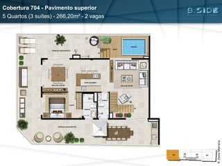 Cobertura 704 - Pavimento superior
5 Quartos (3 suítes) - 266,20m² - 2 vagas
R.DonaMariana
 
