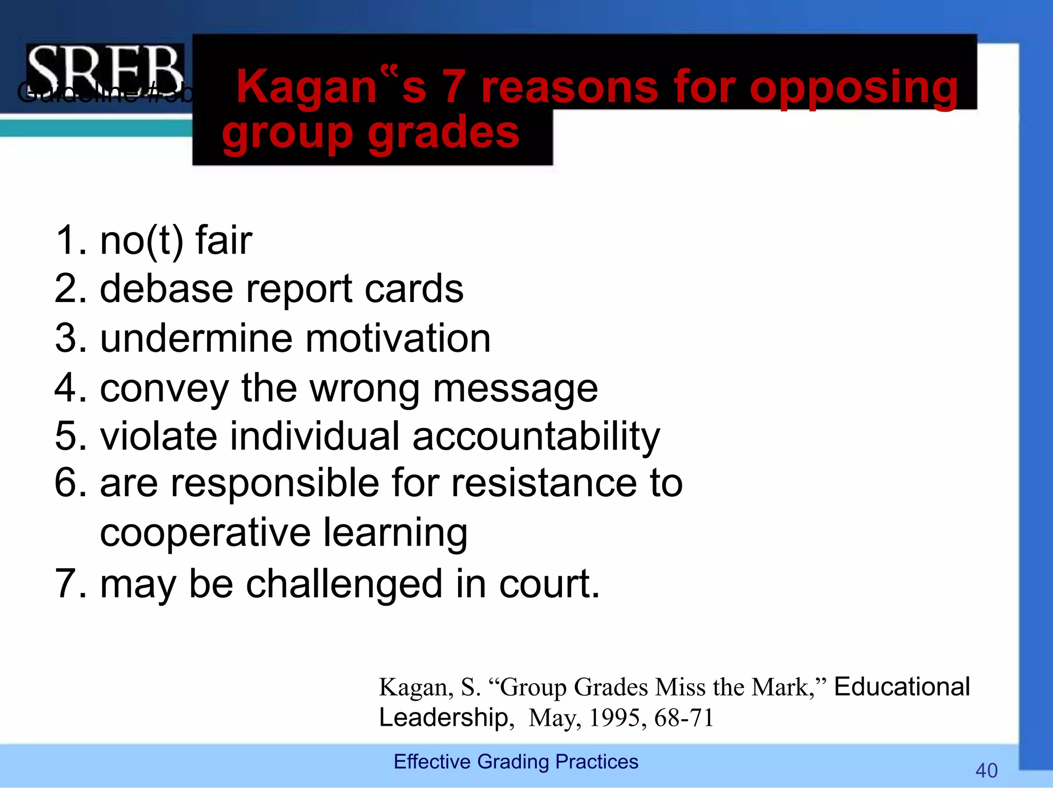 Guideline #3b Kagan‟s 7 reasons for opposing
group grades
1. no(t) fair
2. debase report cards
3. undermine motivation
4. convey the wrong message
5. violate individual accountability
6. are responsible for resistance to
cooperative learning
7. may be challenged in court.
Kagan, S. “Group Grades Miss the Mark,” Educational
Leadership, May, 1995, 68-71
Effective Grading Practices 40
 