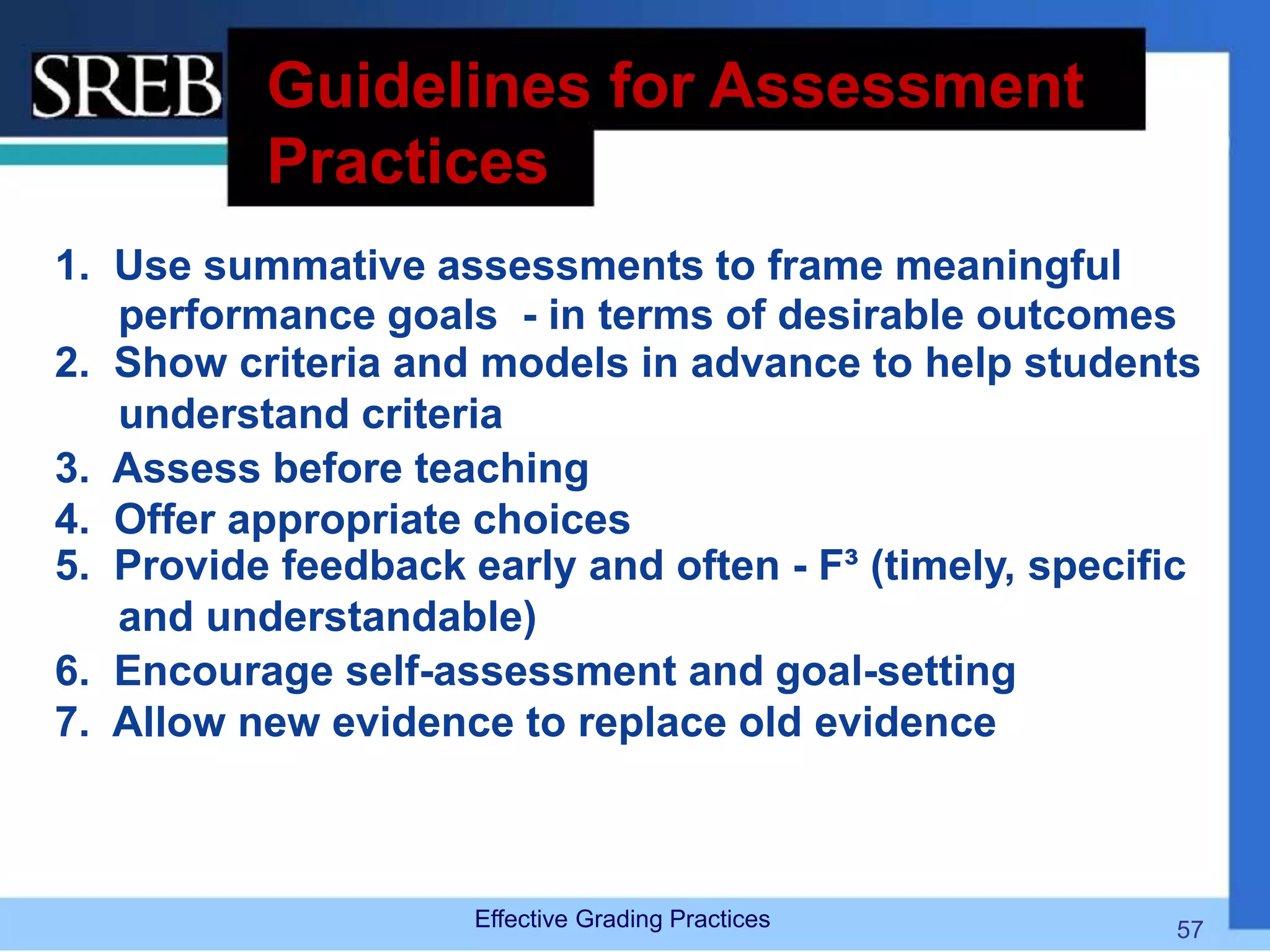 Guidelines for Assessment
Practices
1. Use summative assessments to frame meaningful
performance goals - in terms of desirable outcomes
2. Show criteria and models in advance to help students
understand criteria
3. Assess before teaching
4. Offer appropriate choices
5. Provide feedback early and often - F³ (timely, specific
and understandable)
6. Encourage self-assessment and goal-setting
7. Allow new evidence to replace old evidence
Effective Grading Practices 57
 
