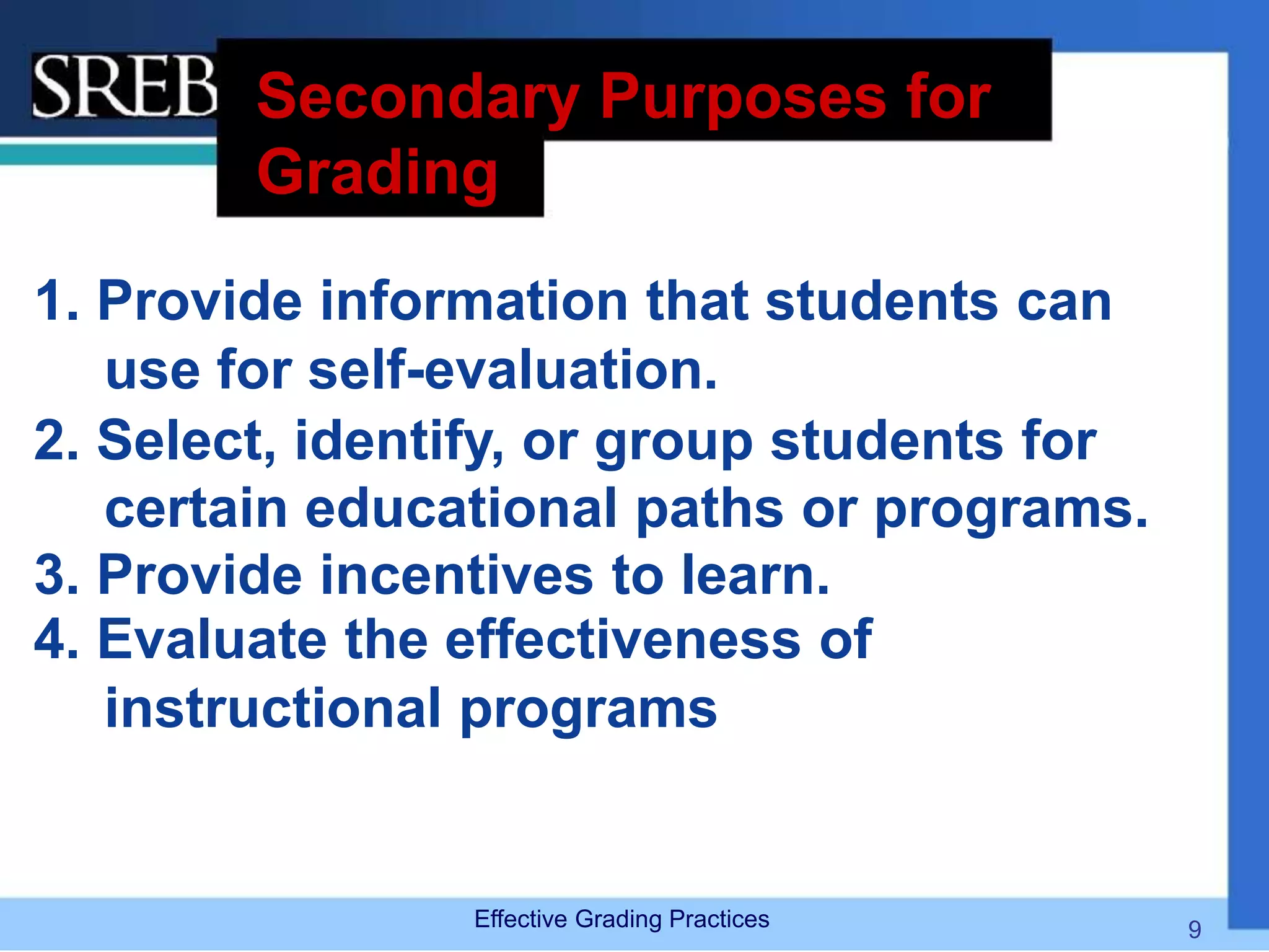 Secondary Purposes for
Grading
1. Provide information that students can
use for self-evaluation.
2. Select, identify, or group students for
certain educational paths or programs.
3. Provide incentives to learn.
4. Evaluate the effectiveness of
instructional programs
Effective Grading Practices 9
 