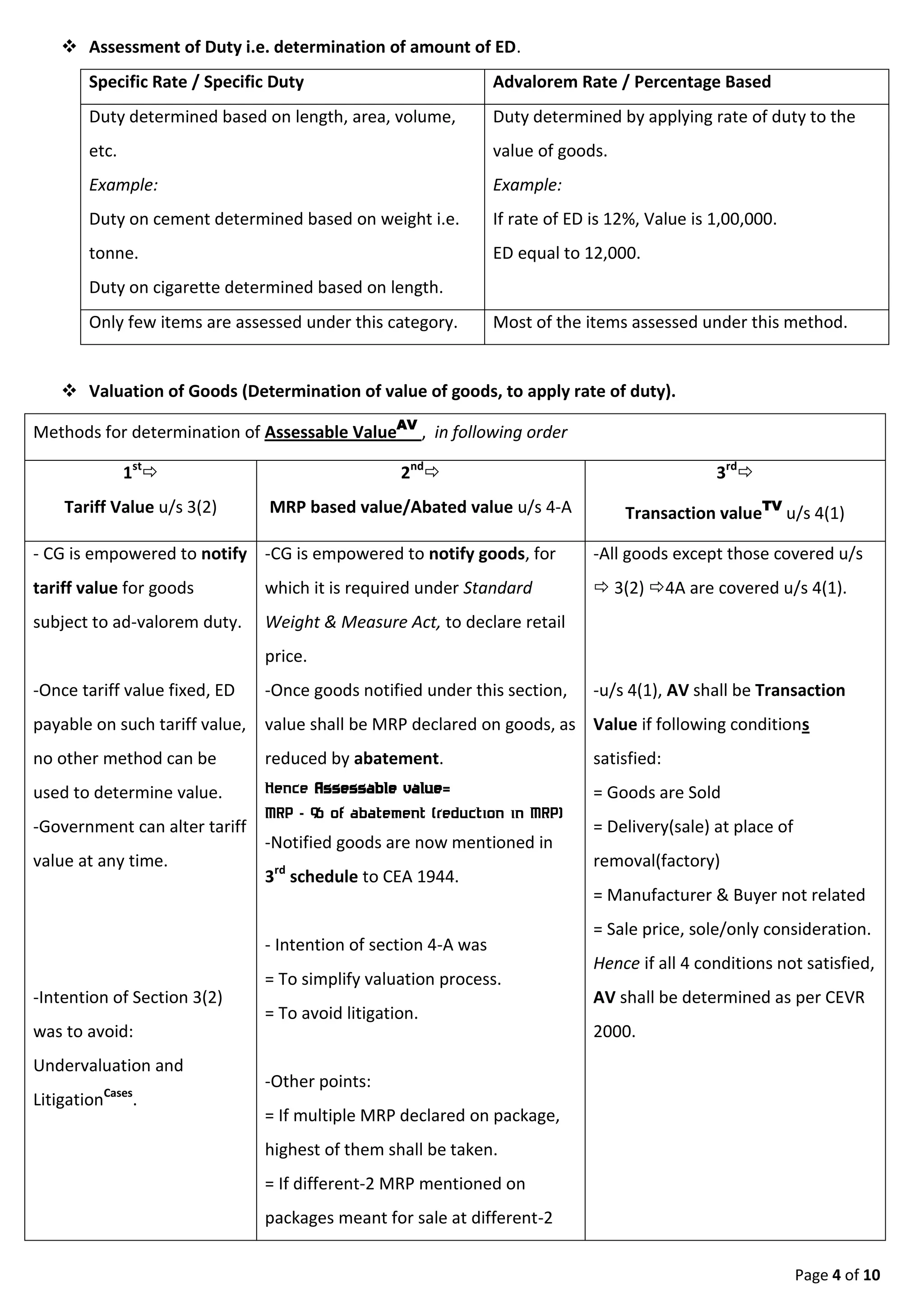 Page 4 of 9
 Valuation of Goods (Determination of value of goods, to apply rate of duty).
Methods for determination of Assessable ValueAV
, in following order
1st
Tariff Value u/s 3(2)
2nd
MRP based value/Abated value u/s 4-A
3rd
Transaction valueTV
u/s 4(1)
- CG is empowered to notify
tariff value for goods
subject to ad-valorem duty.
-Once tariff value fixed, ED
payable on such tariff value,
no other method can be
used to determine value.
-Government can alter tariff
value at any time.
-Intention of Section 3(2)
was to avoid:
Undervaluation and
LitigationCases.
-CG is empowered to notify goods, for
which it is required under Standard
Weight & Measure Act, to declare retail
price.
-Once goods notified under this section,
value shall be MRP declared on goods, as
reduced by abatement.
Hence Assessable value=
MRP - % of abatement (reduction in MRP)
-Notified goods are now mentioned in
3rd schedule to CEA 1944.
- Intention of section 4-A was
= To simplify valuation process.
= To avoid litigation.
-Other points:
= If multiple MRP declared on package,
highest of them shall be taken.
= If different-2 MRP mentioned on
packages meant for sale at different-2
places, each such MRP shall be taken.
=If MRP declared is altered to increase,
then such altered MRP shall be taken.
-All goods except those covered u/s
 3(2) 4A are covered u/s 4(1).
-u/s 4(1), AV shall be Transaction
Value if following conditions
satisfied:
= Goods are Sold
= Delivery(sale) at place of
removal(factory)
= Manufacturer & Buyer not related
= Sale price, sole/only consideration.
Hence if all 4 conditions not satisfied,
AV shall be determined as per CEVR
2000.
 Related Person u/s 4. Person shall be related person if,
 They are Inter Connected Undertaking i.e ICU.
 They are relative.
 Buyer is relative and distributor of the assessee or sub-distributor of such distributor.
 They are so associated that they have interest, directly or indirectly in the business of each
other.
 