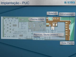 Solarium Hidromassagem
Estar Piscina
Piscina Infantil
Implantação - PUC
Repouso, Sauna úmida e
Ducha
 