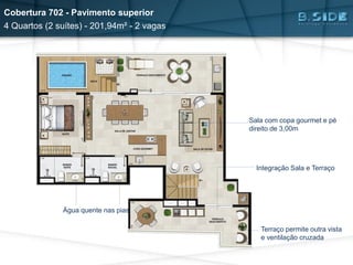 Água quente nas pias
Integração Sala e Terraço
Terraço permite outra vista
e ventilação cruzada
Sala com copa gourmet e pé
direito de 3,00m
Cobertura 702 - Pavimento superior
4 Quartos (2 suítes) - 201,94m² - 2 vagas
 