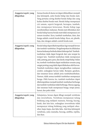 Bahasa Indonesia Ekspresi Diri dan Akademik 7 
Anggota/aspek yang 
dilaporkan 
Semua benda di dunia ini dapat diklasifikasi menjadi 
dua kelompok, yaitu benda hidup dan benda mati. 
Yang pertama sering disebut benda hidup dan yang 
kedua disebut benda mati. Benda hidup mempunyai 
ciri umum, seperti bergerak, bernapas, tumbuh, 
dan mempunyai keturunan. Benda hidup juga 
membutuhkan makanan. Benda mati dibedakan dari 
benda hidup karena benda mati tidak mempunyai ciri 
umum tersebut. Kera, tumbuh-tumbuhan, ikan, dan 
bunga adalah contoh benda hidup. Kaca, air, plastik, 
baja, dan oksigen adalah contoh benda mati. 
Anggota/aspek yang 
dilaporkan. 
Benda hidup dapat dikelompokkan lagi menjadi hewan 
dan tumbuh-tumbuhan. Pengelompokan itu dilakukan 
karena keduanya berbeda dalam beberapa hal. Tumbuh-tumbuhan 
tidak dapat bergerak dari satu tempat ke 
tempat lain. Tumbuh-tumbuhan tidak mempunyai 
otak, jantung, paru-paru, dan darah, tetapi hidup. Selain 
itu, tumbuh-tumbuhan dapat melakukan sesuatu yang 
sangat penting yang tidak dapat dilakukan oleh hewan. 
Tumbuh-tumbuhan dapat menghasilkan makanan 
sendiri, sedangkan hewan tidak. Rumput, gandum, 
dan tanaman keras adalah jenis tumbuhtumbuhan. 
Namun, tidak semua tumbuh-tumbuhan mempunyai 
bunga. Oleh karena itu, tumbuh-tumbuhan dapat 
dikelompokkan menjadi tumbuh-tumbuhan berbunga 
dan tumbuh-tumbuhan tidak berbunga. Mawar, jagung, 
dan tanaman buah mempunyai bunga, tetapi jamur, 
lumut, dan pakis tidak. 
Anggota/aspek yang 
dilaporkan 
Selanjutnya, hewan dapat dibagi menjadi vertebrata 
dan invertebrata. Vertebrata mempunyai tulang 
belakang yang meliputi manusia, burung, kucing, 
katak, dan lain-lain, sedangkan invertebrata tidak 
mempunyai tulang belakang yang meliputi ubur-ubur, 
kupu-kupu, dan laba-laba. Ada lima kelompok 
vertebrata, yaitu mamalia, burung, amfibia, reptilia, 
dan ikan. 
 