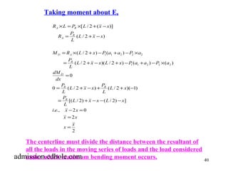 40 
Taking moment about E, 
R ´ L = P ´ L + x - 
x 
A R 
R P 
= R 
+ - 
M = R ´ L + x - P a + a - P ´ 
a 
D A 
P 
= + - + - + - ´ 
0 
[ / 2 ( )] 
( / 2 ) 
1 1 2 2 2 
( / 2 )( / 2 ) ( ) ( ) 
L x x P 
P 
dM 
= 
= + - + + - 
0 R ( / 2 ) R 
( / 2 )( 1) 
L x x L x 
= + - - - 
[( / 2) ( / 2) ] 
P 
L 
i e x x 
- = 
. ., 2 0 
x 2 
x 
2 
( / 2 ) ( ) 
1 1 2 2 2 
= 
x x 
L x 
L 
L 
dx 
L x x L x P a a P a 
L 
L x x 
L 
R 
D 
R 
A 
= 
The centerline must divide the distance between the resultant of 
all the loads in the moving series of loads and the load considered 
admuisnsdieorn w.ehdichho mlea.cxoimmum bending moment occurs. 
