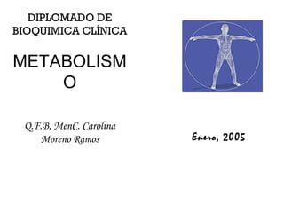 DIPLOMADO DE 
BIOQUIMICA CLÍNICA 
METABOLISM 
O 
Q.F.B, MenC. Carolina 
Moreno Ramos Enero, 2005 
 