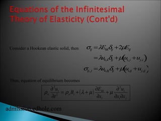 Consider a Hookean elastic solid, then 
Thus, equation of equilibrium becomes 
¶ 2 
= + + ¶ 
   
sij =lEkkdij +2mEij 
=luk,kdij +m ui, j +uj,i ( ) 
sij, j =luk,kjdij +m ui,ij +uj,ij ( ) 
B E 
( ) 
i 
u 
i j 
kk 
i 
o i 
i 
u 
+ ¶ 
o ¶ 
t 
2 
¶ 
x 
¶ x ¶ 
x 
2 
r r l m m 
admission.edhole.com 
 