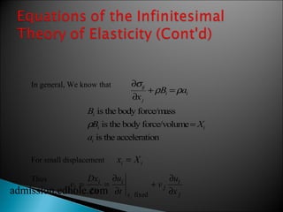 In general, We know that 
For small displacement 
Thus    
¶sij 
¶xj 
+rBi =rai 
Bi is the body force/mass 
rBi is the body force/volume=Xi 
ai is the acceleration 
i i x = X 
v u 
i 
j 
+ ¶ 
j 
admission.edhole.com x 
fixed 
u 
= = ¶ 
i i 
v Dx 
i Dt 
t 
x 
i 
¶ 
¶ 
 