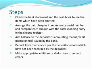 Steps 
1. Check the bank statement and the cash book to see the 
items which have been omitted. 
2. Arrange the paid cheques in sequence by serial number 
and compare each cheque with the corresponding entry 
in the cheque register. 
3. Add balance to the depositor’s accounting record(credit 
memorannda) issued by the bank. 
4. Deduct from the balance per the depositor record which 
have not been recorded by the depositor. 
5. Make appropriate additions or deductions to correct 
errors. 
 