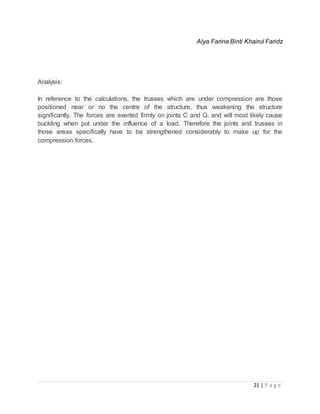 21 | P a g e
Alya Farina Binti Khairul Faridz
Analysis:
In reference to the calculations, the trusses which are under compression are those
positioned near or no the centre of the structure, thus weakening the structure
significantly. The forces are exerted firmly on joints C and G, and will most likely cause
buckling when put under the influence of a load. Therefore the joints and trusses in
those areas specifically have to be strengthened considerably to make up for the
compression forces.
 