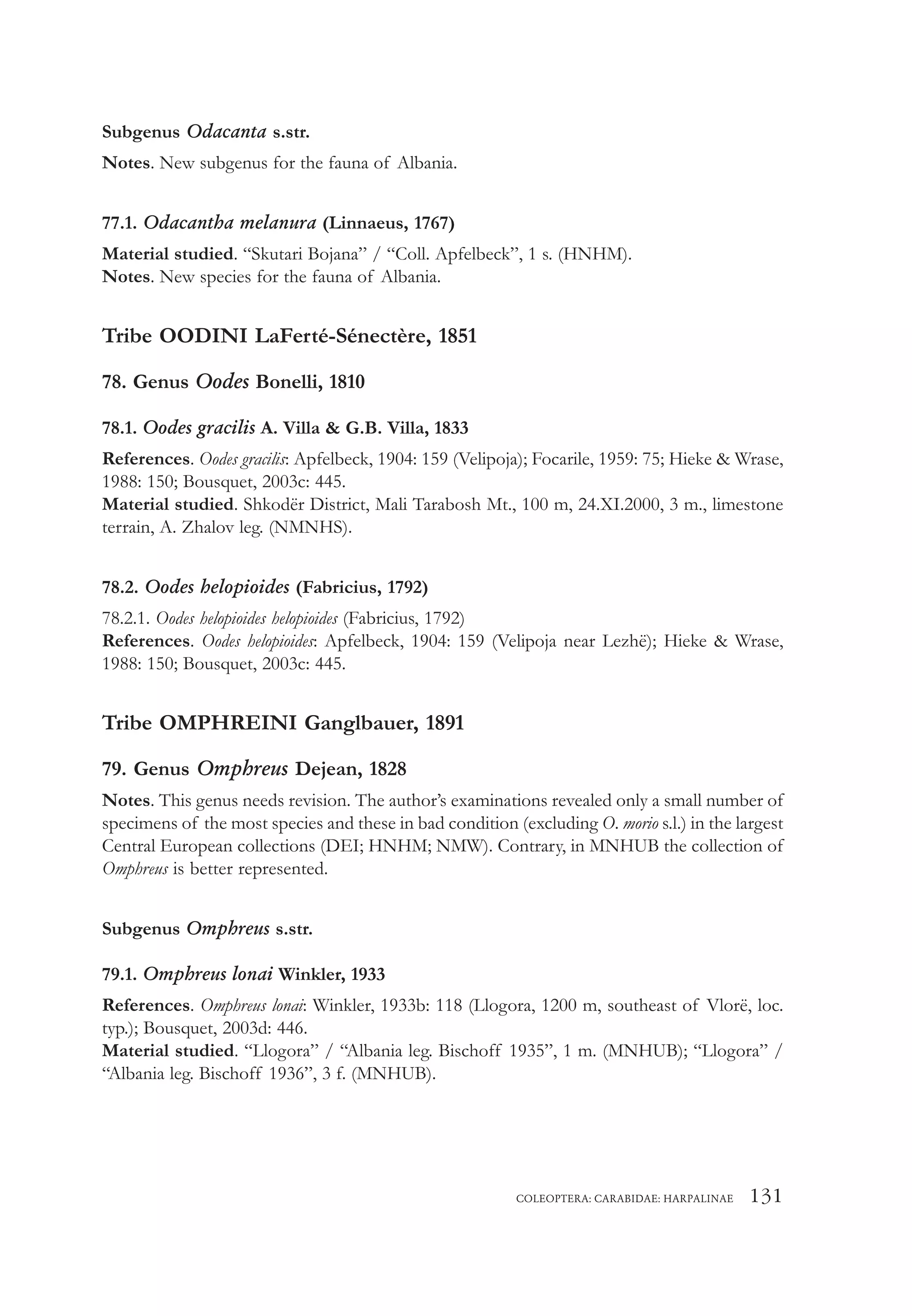 COLEOPTERA: CARABIDAE: HARPALINAE 131
Subgenus Odacanta s.str.
Notes. New subgenus for the fauna of Albania.
77.1. Odacantha melanura (Linnaeus, 1767)
Material studied. “Skutari Bojana” / “Coll. Apfelbeck”, 1 s. (HNHM).
Notes. New species for the fauna of Albania.
Tribe OODINI LaFerté-Sénectère, 1851
78. Genus Oodes Bonelli, 1810
78.1. Oodes gracilis A. Villa & G.B. Villa, 1833
References. Oodes gracilis: Apfelbeck, 1904: 159 (Velipoja); Focarile, 1959: 75; Hieke & Wrase,
1988: 150; Bousquet, 2003c: 445.
Material studied. Shkodër District, Mali Tarabosh Mt., 100 m, 24.XI.2000, 3 m., limestone
terrain, A. Zhalov leg. (NMNHS).
78.2. Oodes helopioides (Fabricius, 1792)
78.2.1. Oodes helopioides helopioides (Fabricius, 1792)
References. Oodes helopioides: Apfelbeck, 1904: 159 (Velipoja near Lezhë); Hieke & Wrase,
1988: 150; Bousquet, 2003c: 445.
Tribe OMPHREINI Ganglbauer, 1891
79. Genus Omphreus Dejean, 1828
Notes. This genus needs revision. The author’s examinations revealed only a small number of
specimens of the most species and these in bad condition (excluding O. morio s.l.) in the largest
Central European collections (DEI; HNHM; NMW). Contrary, in MNHUB the collection of
Omphreus is better represented.
Subgenus Omphreus s.str.
79.1. Omphreus lonai Winkler, 1933
References. Omphreus lonai: Winkler, 1933b: 118 (Llogora, 1200 m, southeast of Vlorë, loc.
typ.); Bousquet, 2003d: 446.
Material studied. “Llogora” / “Albania leg. Bischoff 1935”, 1 m. (MNHUB); “Llogora” /
“Albania leg. Bischoff 1936”, 3 f. (MNHUB).
 