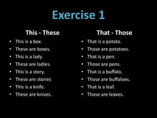 Exercise 1
This - These
• This is a box.
• These are boxes.
• This is a lady.
• These are ladies.
• This is a story.
• These are stories
• This is a knife.
• These are knives.
That - Those
• That is a potato.
• Those are potatoes.
• That is a pen.
• Those are pens.
• That is a buffalo.
• Those are buffaloes.
• That is a leaf.
• Those are leaves.
 