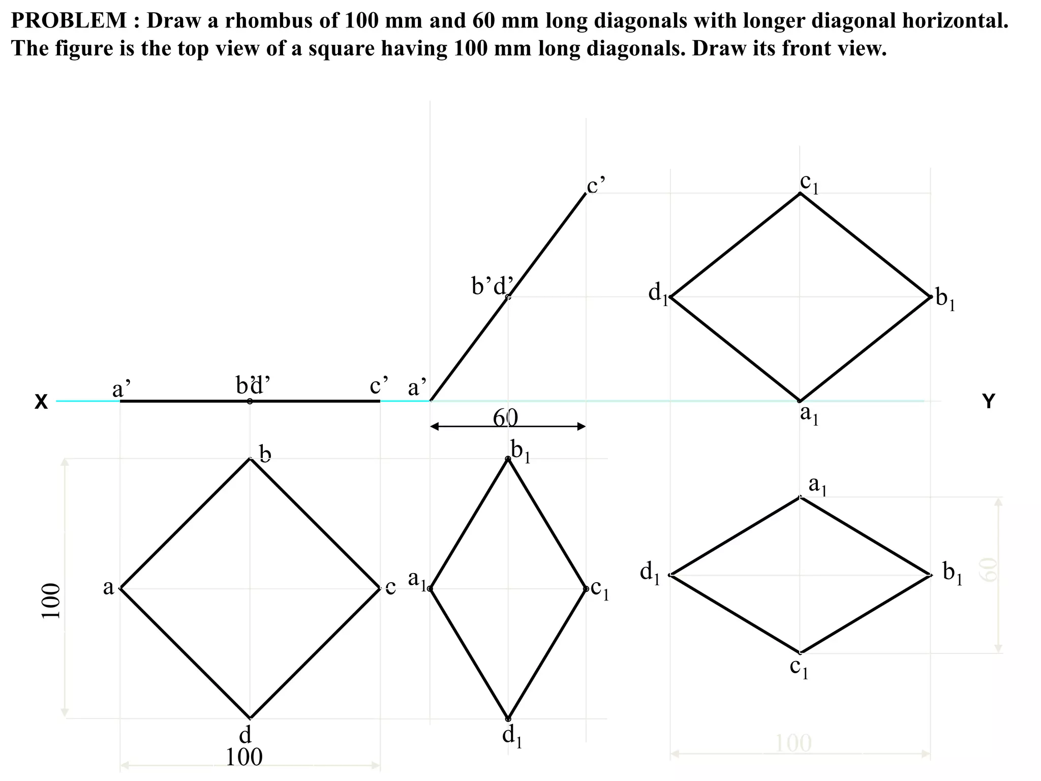 PROBLEM : Draw a rhombus of 100 mm and 60 mm long diagonals with longer diagonal horizontal.
The figure is the top view of a square having 100 mm long diagonals. Draw its front view.
X Y
100
100
a
b
c
d
a’ b’ c’d’
60
a’
b’
c’
d’
a1
b1
c1
d1
a1
c1
d1 b1
100
60
a1
c1
d1 b1
 