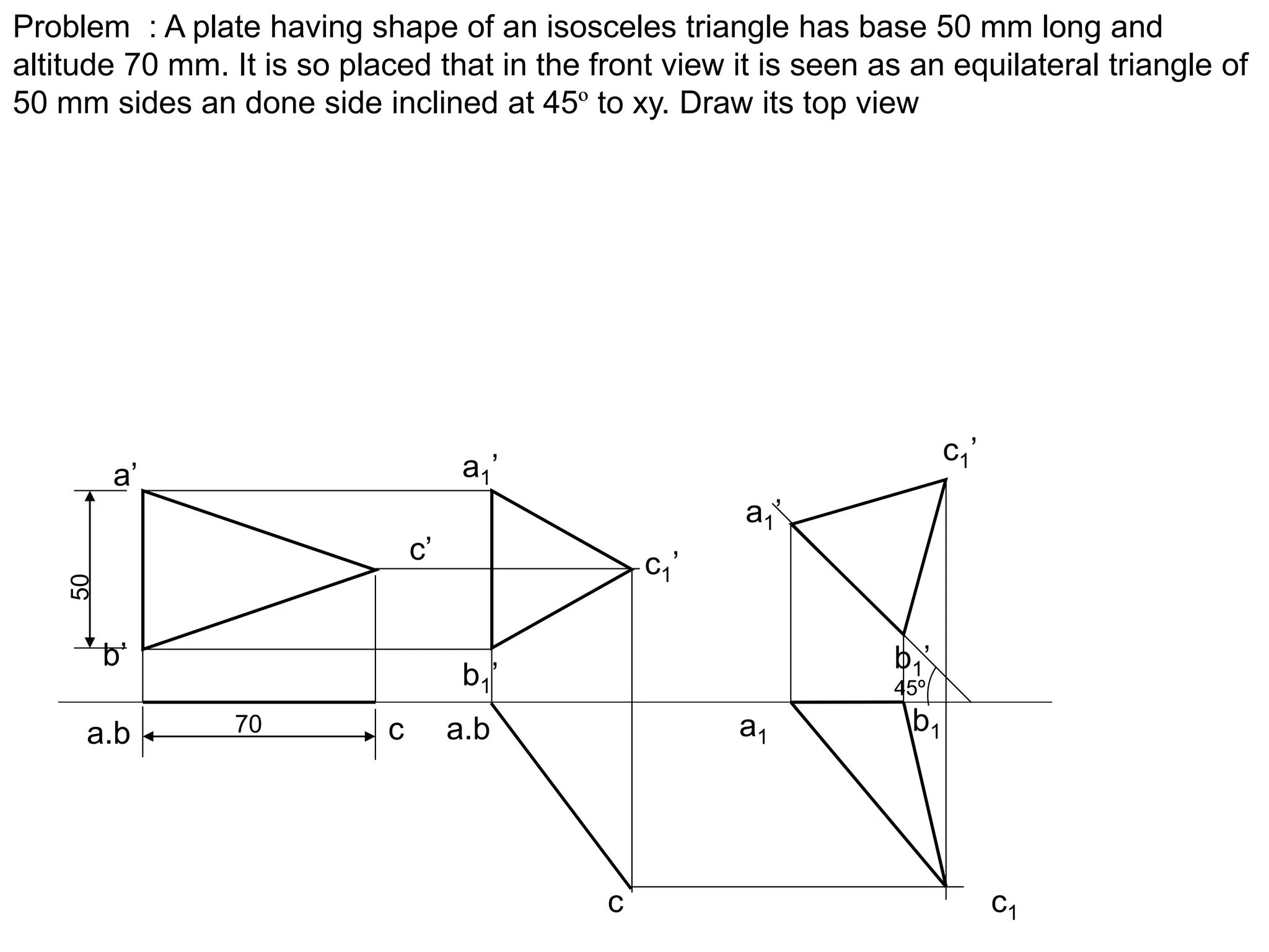 a’
b’
c’
a.b c
50
70 a.b
c
a1’
b1’
c1’
a1’
b1’
c1’
a1
b1
c1
45º
Problem : A plate having shape of an isosceles triangle has base 50 mm long and
altitude 70 mm. It is so placed that in the front view it is seen as an equilateral triangle of
50 mm sides an done side inclined at 45º to xy. Draw its top view
 