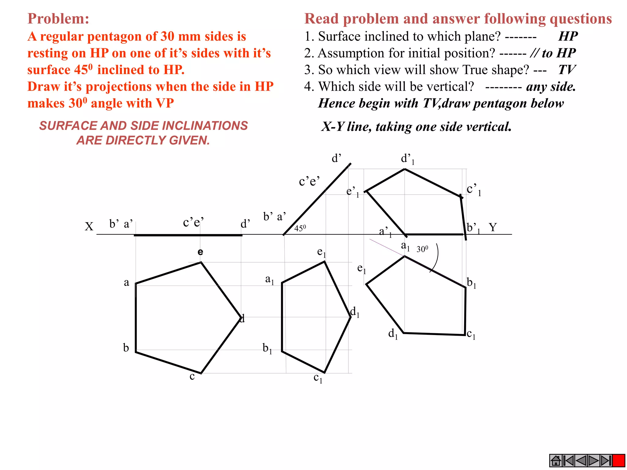 Read problem and answer following questions
1. Surface inclined to which plane? ------- HP
2. Assumption for initial position? ------ // to HP
3. So which view will show True shape? --- TV
4. Which side will be vertical? -------- any side.
Hence begin with TV,draw pentagon below
X-Y line, taking one side vertical.
Problem:
A regular pentagon of 30 mm sides is
resting on HP on one of it’s sides with it’s
surface 450 inclined to HP.
Draw it’s projections when the side in HP
makes 300 angle with VP
a’b’ d’
b1
d
c1
a
c’e’
b
c
d1
b’1
a1
e’1
c’1
d’1
a1
b1
c1d1
d’
a’b’
c’e’
e1
e1
a’1
X Y450
300
e
SURFACE AND SIDE INCLINATIONS
ARE DIRECTLY GIVEN.
 