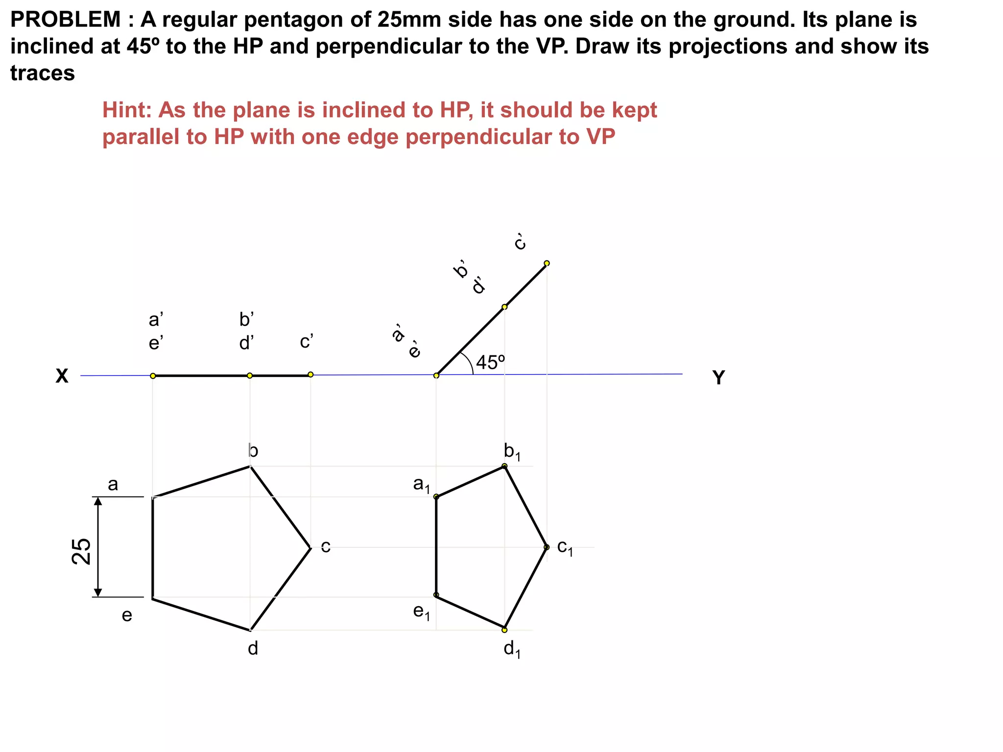 X Y
PROBLEM : A regular pentagon of 25mm side has one side on the ground. Its plane is
inclined at 45º to the HP and perpendicular to the VP. Draw its projections and show its
traces
a
b
c
d
e
25
a’
e’
b’
d’ c’
a1
b1
c1
d1
e1
Hint: As the plane is inclined to HP, it should be kept
parallel to HP with one edge perpendicular to VP
45º
 