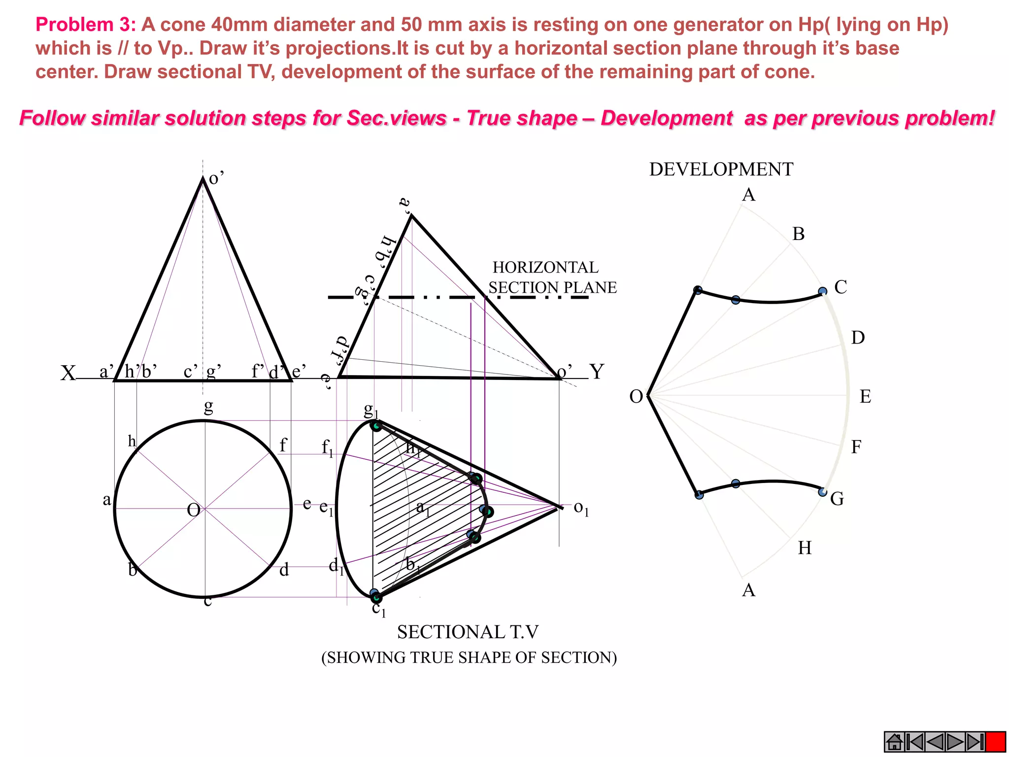 X Ye’a’ b’ d’c’ g’ f’h’
o’
o’
Problem 3: A cone 40mm diameter and 50 mm axis is resting on one generator on Hp( lying on Hp)
which is // to Vp.. Draw it’s projections.It is cut by a horizontal section plane through it’s base
center. Draw sectional TV, development of the surface of the remaining part of cone.
A
B
C
D
E
F
A
G
H
O
a1
h1
g1
f1
e1
d1
c1
b1
o1
SECTIONAL T.V
DEVELOPMENT
(SHOWING TRUE SHAPE OF SECTION)
HORIZONTAL
SECTION PLANE
h
a
b
c
d
e
g
f
O
Follow similar solution steps for Sec.views - True shape – Development as per previous problem!
 