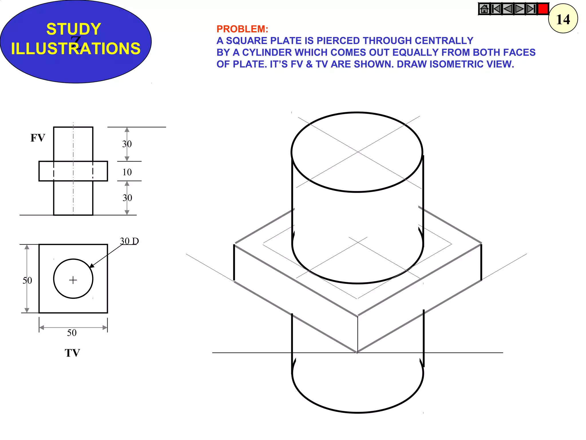 Z
STUDY
ILLUSTRATIONS
50
50
30 D
30
10
30
+
FV
TV
PROBLEM:
A SQUARE PLATE IS PIERCED THROUGH CENTRALLY
BY A CYLINDER WHICH COMES OUT EQUALLY FROM BOTH FACES
OF PLATE. IT’S FV & TV ARE SHOWN. DRAW ISOMETRIC VIEW.
14
 