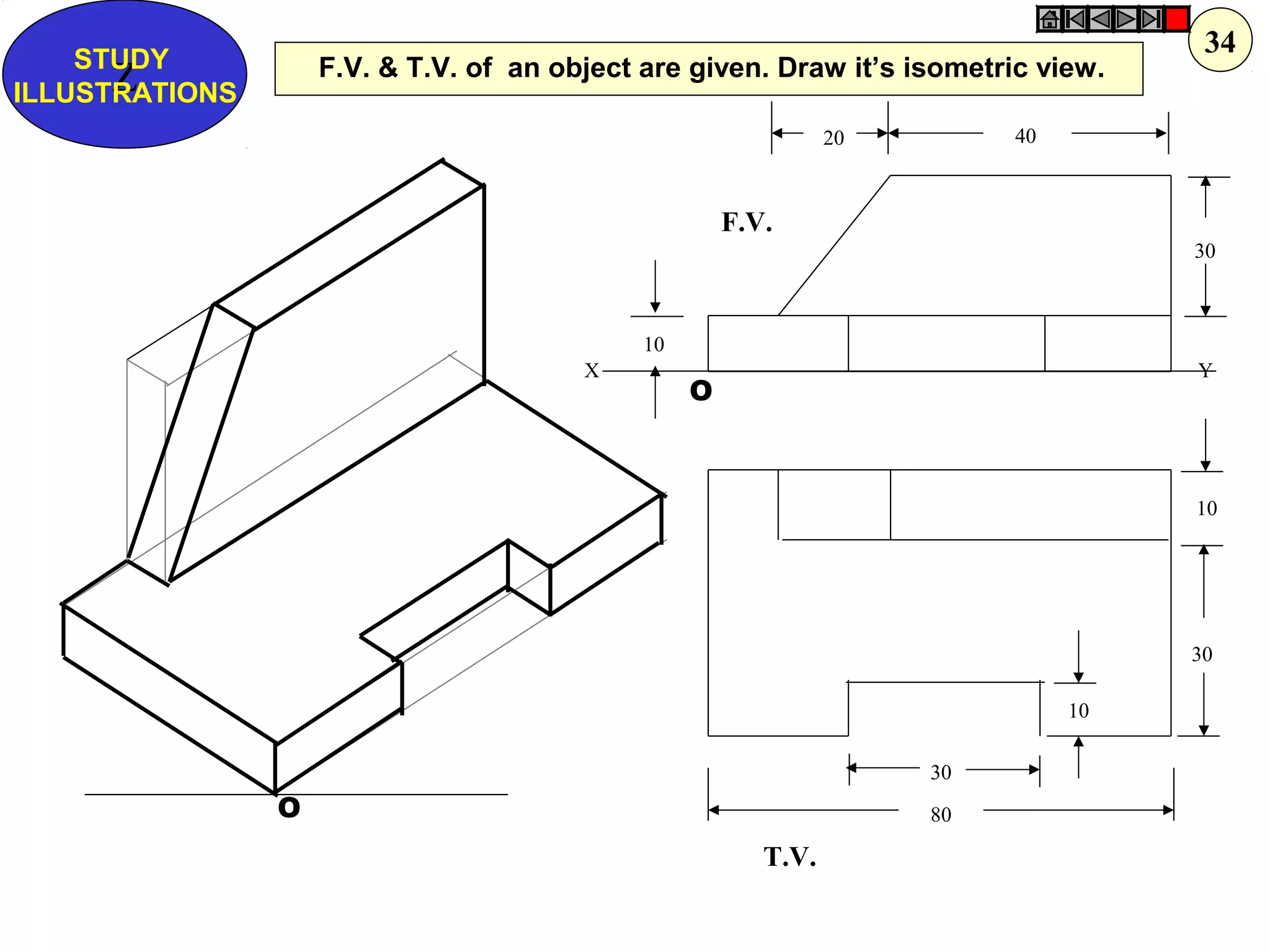 O
O
10
10
30
10
30
4020
80
30
F.V.
T.V.
X Y
F.V. & T.V. of an object are given. Draw it’s isometric view.Z
STUDY
ILLUSTRATIONS
34
 