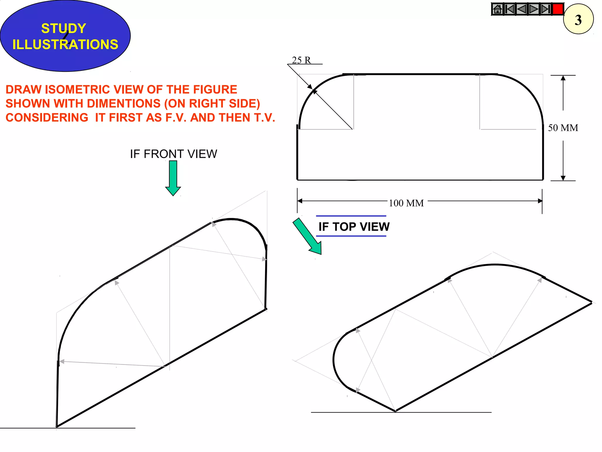 25 R
100 MM
50 MM
Z
STUDY
ILLUSTRATIONS
DRAW ISOMETRIC VIEW OF THE FIGURE
SHOWN WITH DIMENTIONS (ON RIGHT SIDE)
CONSIDERING IT FIRST AS F.V. AND THEN T.V.
IF TOP VIEW
IF FRONT VIEW
3
 