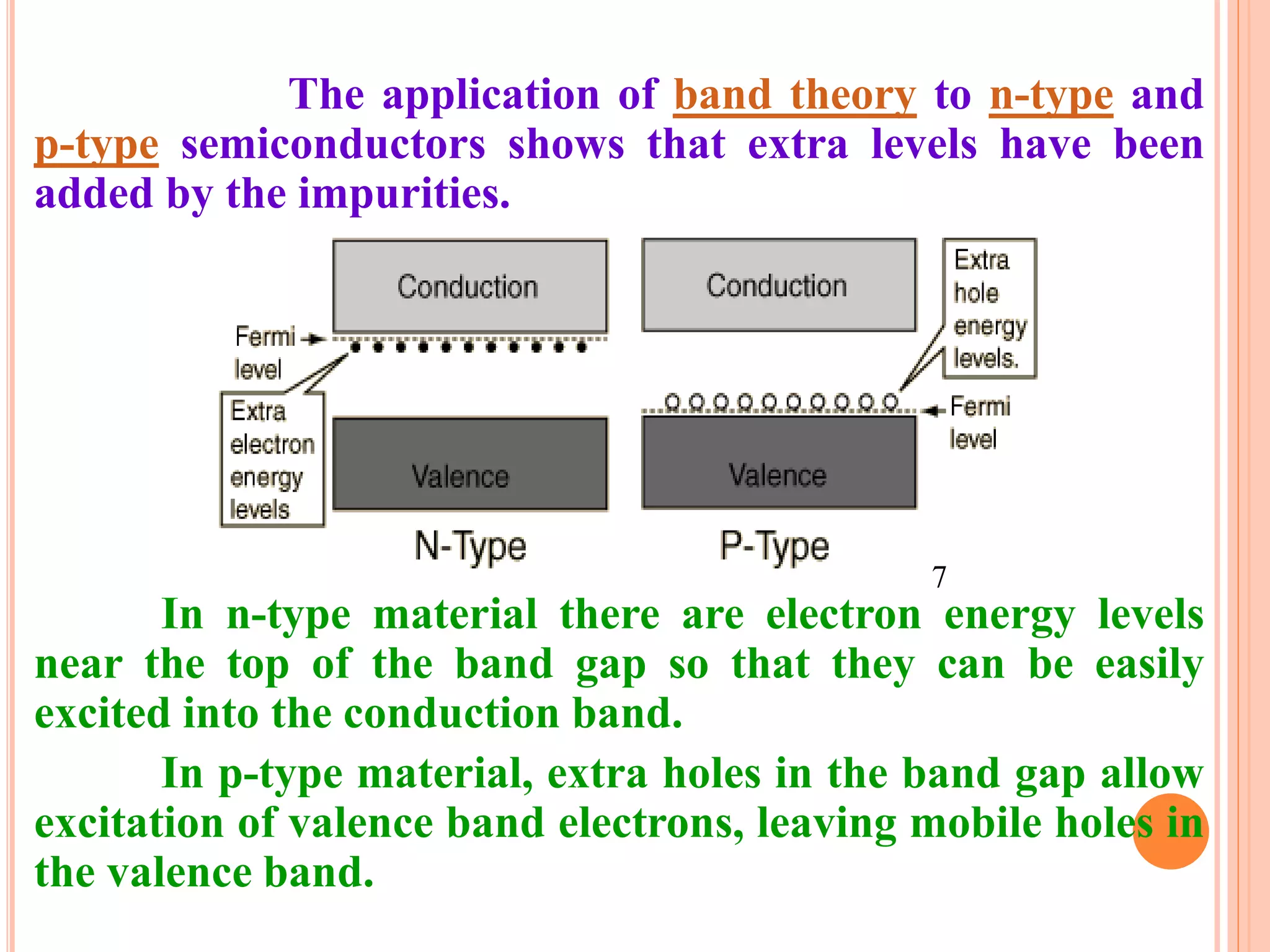 The application of band theory to n-type and
p-type semiconductors shows that extra levels have been
added by the impurities.
In n-type material there are electron energy levels
near the top of the band gap so that they can be easily
excited into the conduction band.
In p-type material, extra holes in the band gap allow
excitation of valence band electrons, leaving mobile holes in
the valence band.
7
 