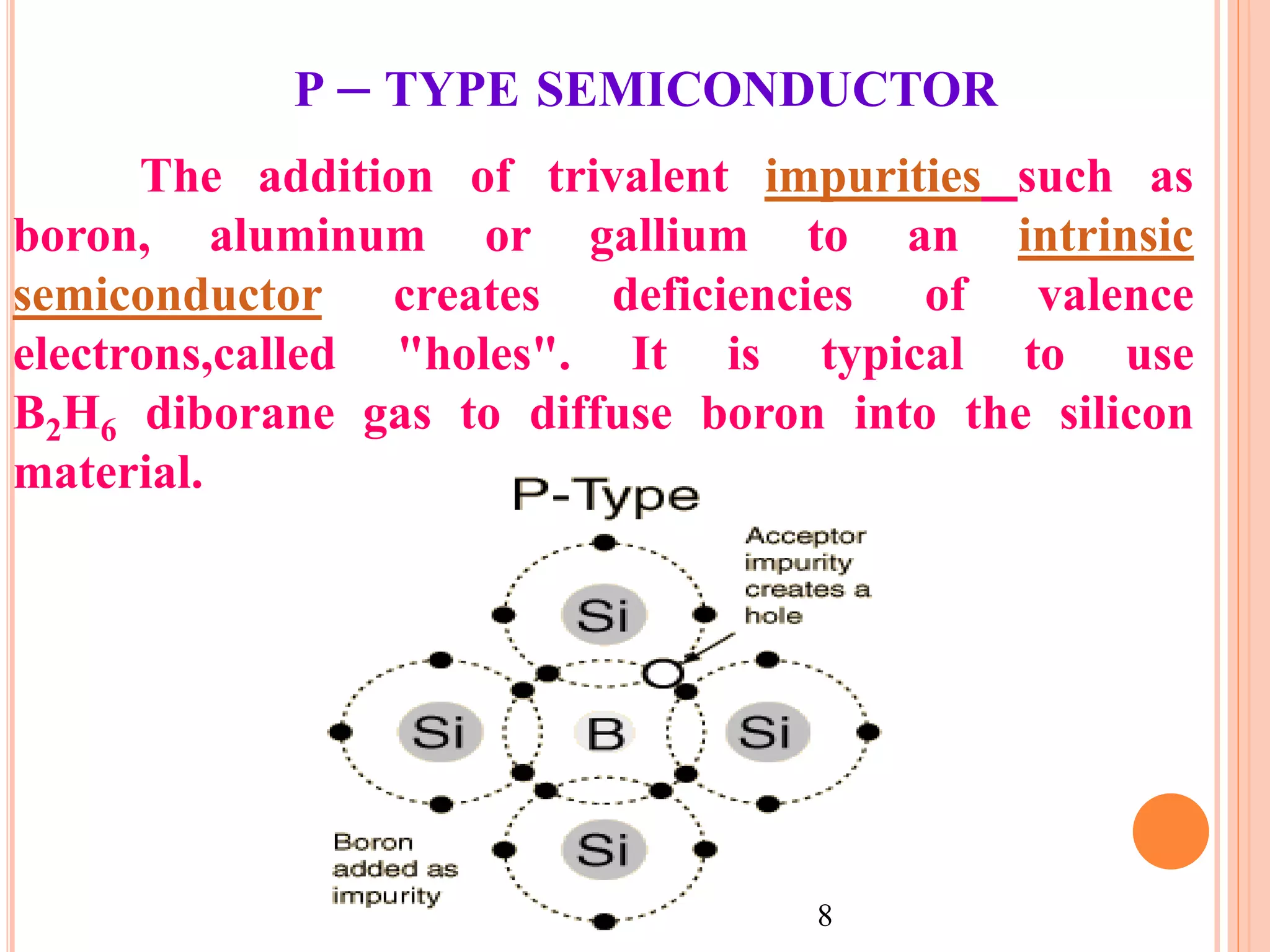 P – TYPE SEMICONDUCTOR
The addition of trivalent impurities such as
boron, aluminum or gallium to an intrinsic
semiconductor creates deficiencies of valence
electrons,called "holes". It is typical to use
B2H6 diborane gas to diffuse boron into the silicon
material.
8
 