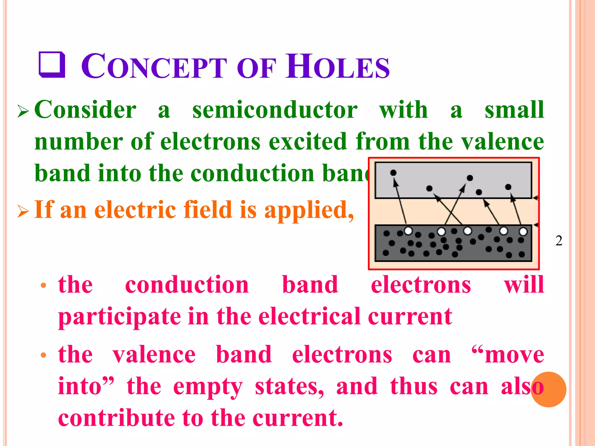  CONCEPT OF HOLES
 Consider a semiconductor with a small
number of electrons excited from the valence
band into the conduction band.
 If an electric field is applied,
• the conduction band electrons will
participate in the electrical current
• the valence band electrons can “move
into” the empty states, and thus can also
contribute to the current.
2
 