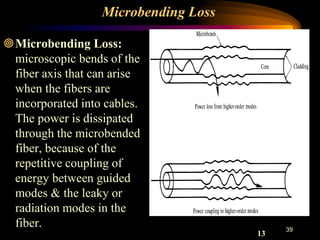 Microbending Loss
Microbending Loss:
microscopic bends of the
fiber axis that can arise
when the fibers are
incorporated into cables.
The power is dissipated
through the microbended
fiber, because of the
repetitive coupling of
energy between guided
modes & the leaky or
radiation modes in the
fiber. 39
13
 