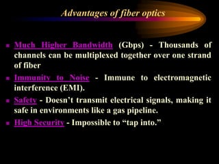 Advantages of fiber optics
 Much Higher Bandwidth (Gbps) - Thousands of
channels can be multiplexed together over one strand
of fiber
 Immunity to Noise - Immune to electromagnetic
interference (EMI).
 Safety - Doesn’t transmit electrical signals, making it
safe in environments like a gas pipeline.
 High Security - Impossible to “tap into.”
 