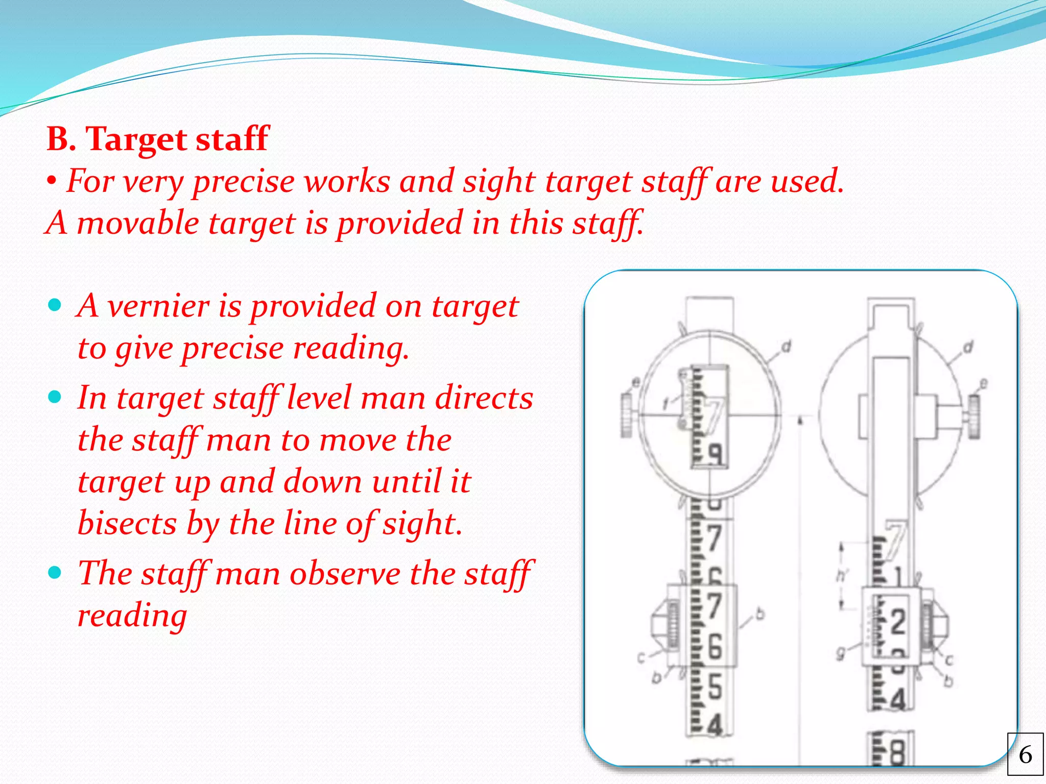  A vernier is provided on target
to give precise reading.
 In target staff level man directs
the staff man to move the
target up and down until it
bisects by the line of sight.
 The staff man observe the staff
reading
B. Target staff
• For very precise works and sight target staff are used.
A movable target is provided in this staff.
6
 