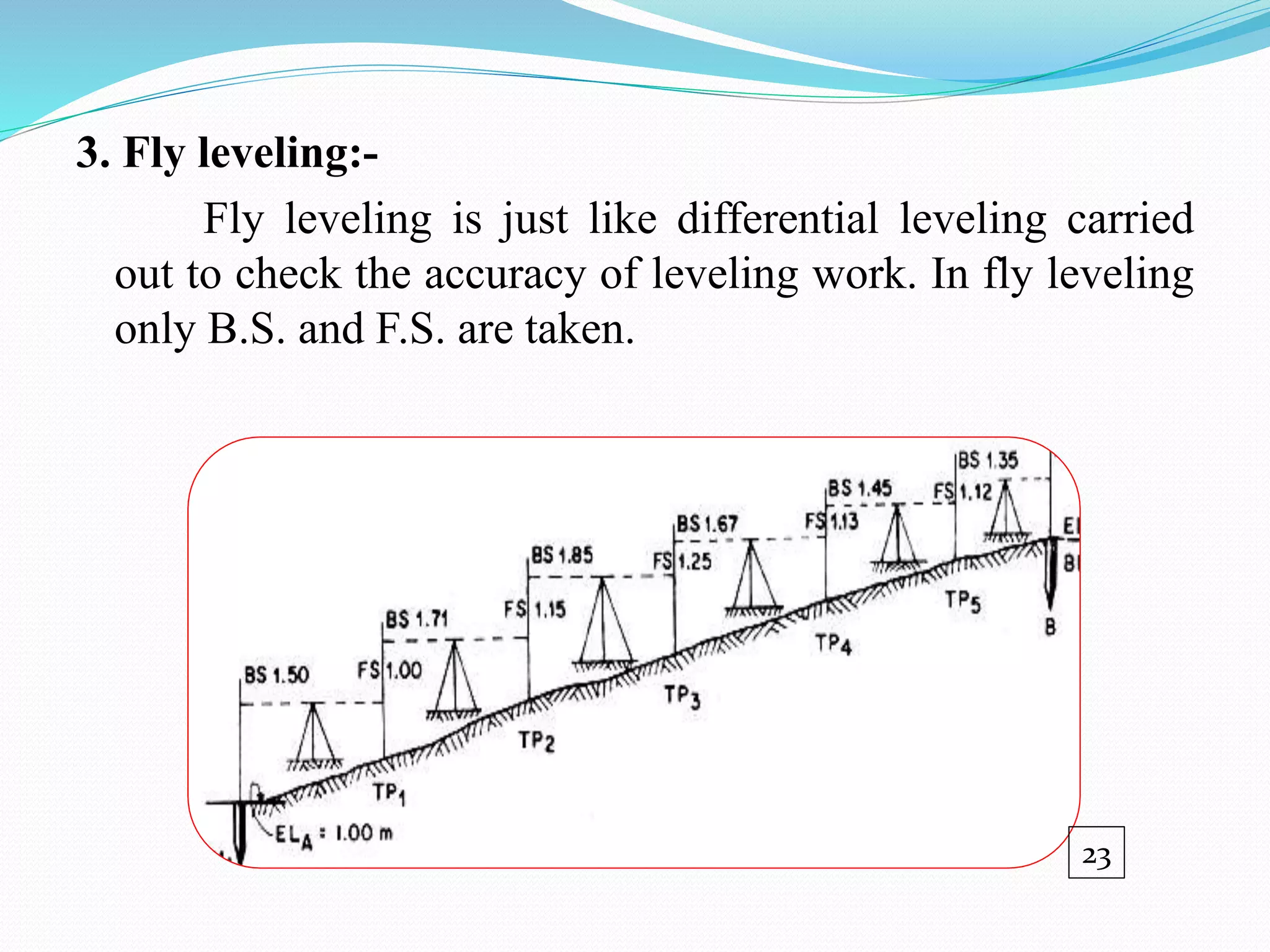 3. Fly leveling:-
Fly leveling is just like differential leveling carried
out to check the accuracy of leveling work. In fly leveling
only B.S. and F.S. are taken.
23
 