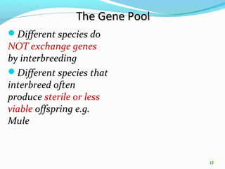 12
The Gene PoolThe Gene Pool
Different species do
NOT exchange genes
by interbreeding
Different species that
interbreed often
produce sterile or less
viable offspring e.g.
Mule
12
 