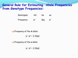 15
General Rule for Estimating Allele Frequencies
from Genotype Frequencies:
Genotypes: AA Aa aa
Frequency: p2
2pq q2
⇒Frequency of the A allele:
p = p2
+ ½ (2pq)
⇒Frequency of the a allele:
q = q2
+ ½ (2pq)
 