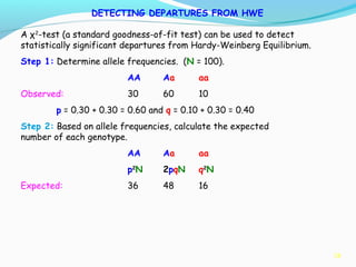 38
DETECTING DEPARTURES FROM HWE
A χ2
-test (a standard goodness-of-fit test) can be used to detect
statistically significant departures from Hardy-Weinberg Equilibrium.
Step 1: Determine allele frequencies. (N = 100).
AA Aa aa
Observed: 30 60 10
p = 0.30 + 0.30 = 0.60 and q = 0.10 + 0.30 = 0.40
Step 2: Based on allele frequencies, calculate the expected
number of each genotype.
AA Aa aa
p2
N 2pqN q2
N
Expected: 36 48 16
 