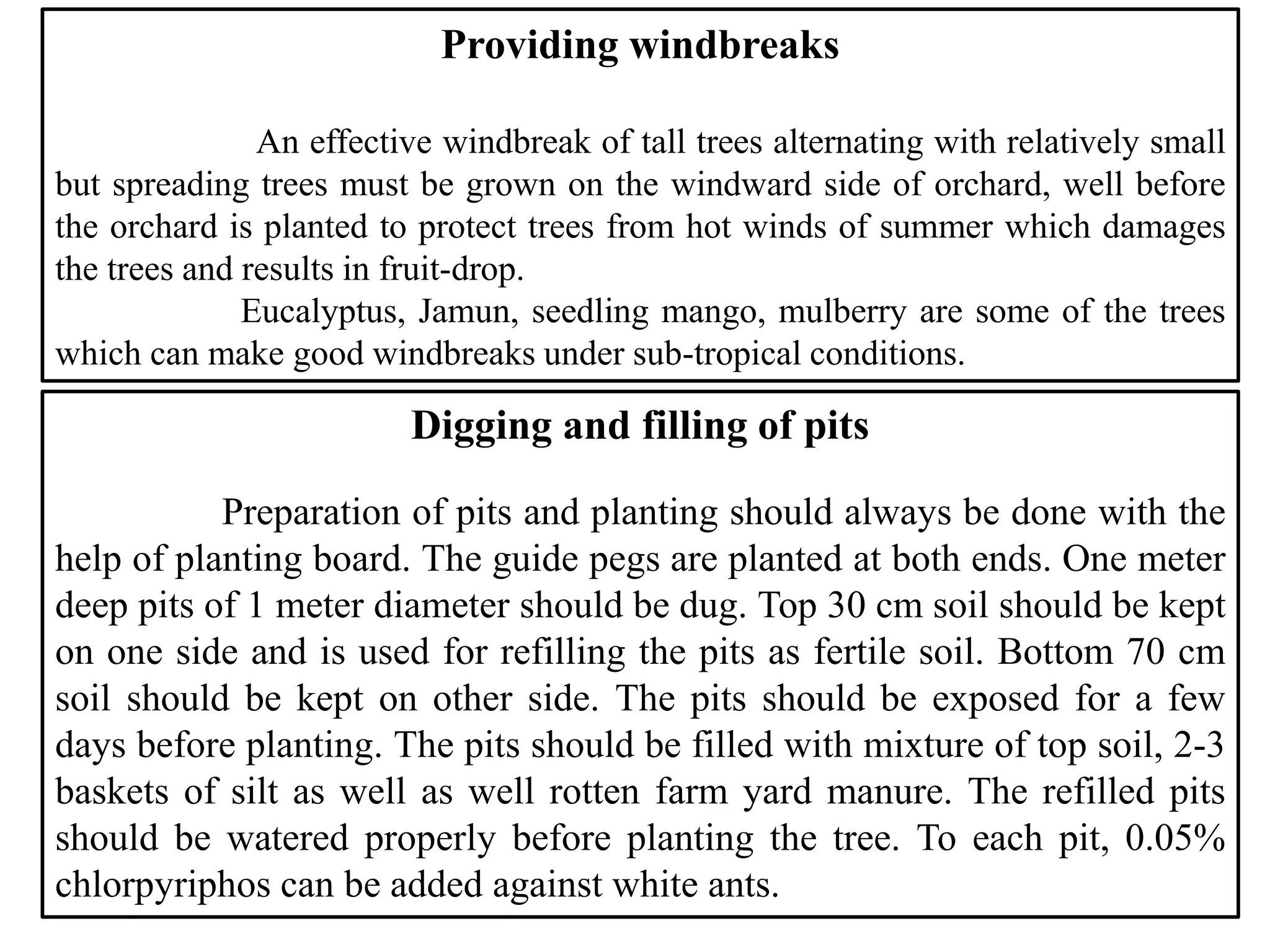 Providing windbreaks
An effective windbreak of tall trees alternating with relatively small
but spreading trees must be grown on the windward side of orchard, well before
the orchard is planted to protect trees from hot winds of summer which damages
the trees and results in fruit-drop.
Eucalyptus, Jamun, seedling mango, mulberry are some of the trees
which can make good windbreaks under sub-tropical conditions.
Digging and filling of pits
Preparation of pits and planting should always be done with the
help of planting board. The guide pegs are planted at both ends. One meter
deep pits of 1 meter diameter should be dug. Top 30 cm soil should be kept
on one side and is used for refilling the pits as fertile soil. Bottom 70 cm
soil should be kept on other side. The pits should be exposed for a few
days before planting. The pits should be filled with mixture of top soil, 2-3
baskets of silt as well as well rotten farm yard manure. The refilled pits
should be watered properly before planting the tree. To each pit, 0.05%
chlorpyriphos can be added against white ants.
 