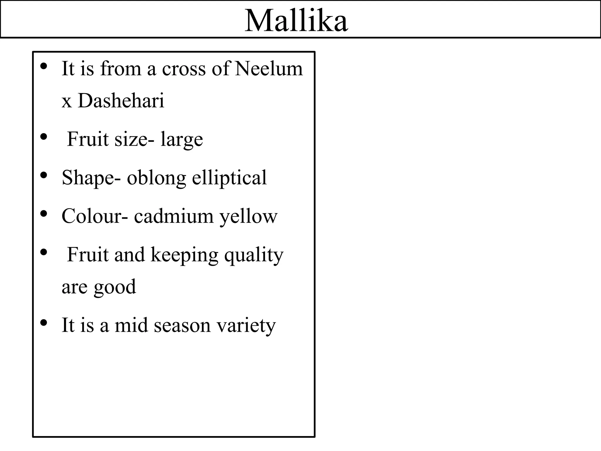 Mallika
• It is from a cross of Neelum
x Dashehari
• Fruit size- large
• Shape- oblong elliptical
• Colour- cadmium yellow
• Fruit and keeping quality
are good
• It is a mid season variety
 