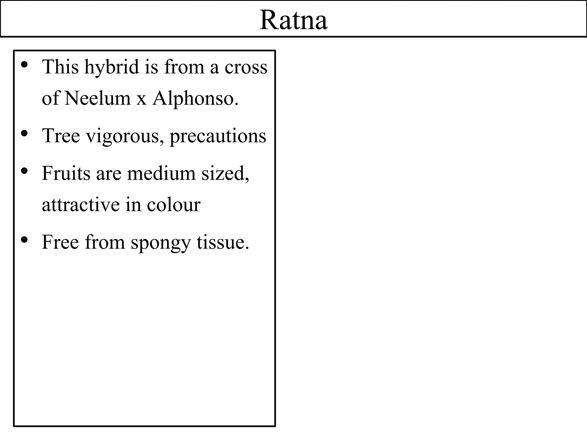 Ratna
• This hybrid is from a cross
of Neelum x Alphonso.
• Tree vigorous, precautions
• Fruits are medium sized,
attractive in colour
• Free from spongy tissue.
 