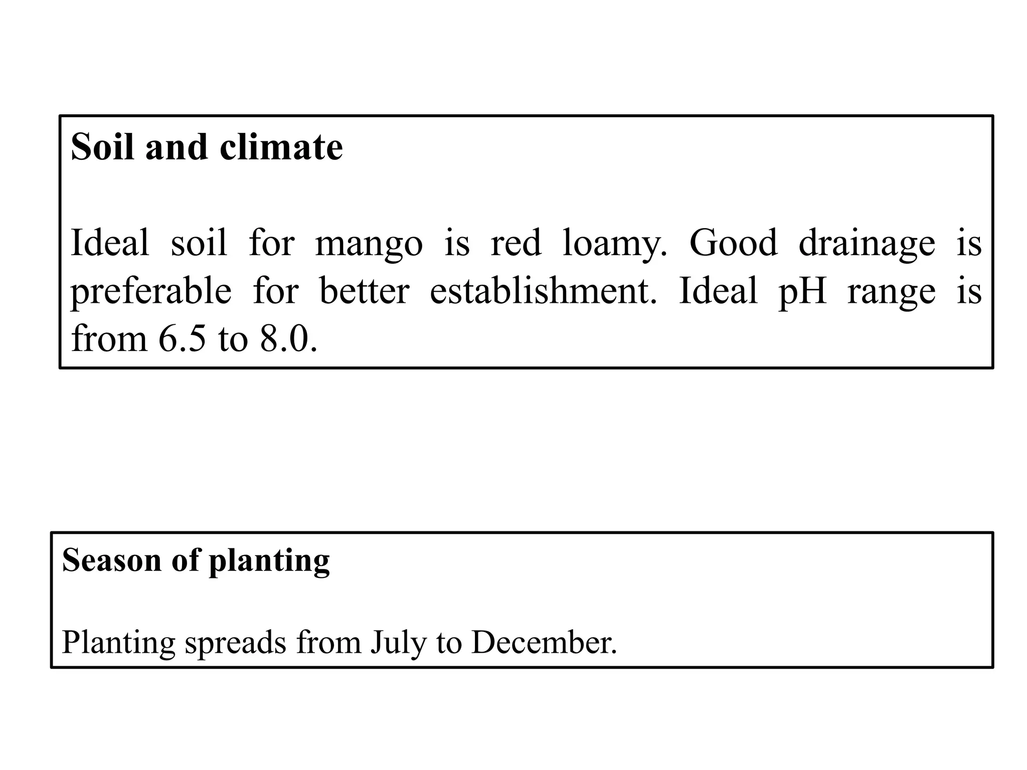 Soil and climate
Ideal soil for mango is red loamy. Good drainage is
preferable for better establishment. Ideal pH range is
from 6.5 to 8.0.
Season of planting
Planting spreads from July to December.
 