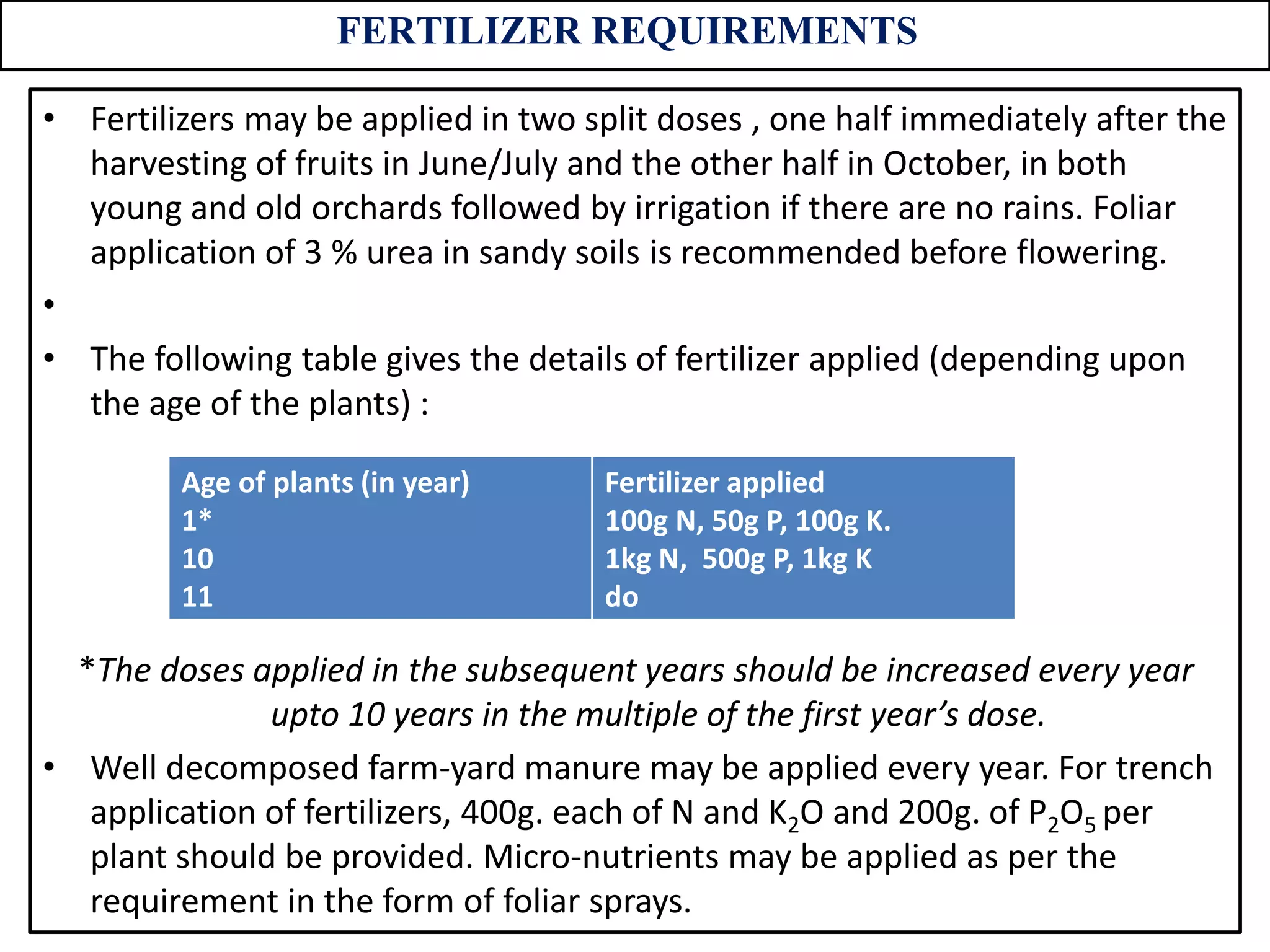 FERTILIZER REQUIREMENTS
• Fertilizers may be applied in two split doses , one half immediately after the
harvesting of fruits in June/July and the other half in October, in both
young and old orchards followed by irrigation if there are no rains. Foliar
application of 3 % urea in sandy soils is recommended before flowering.
•
• The following table gives the details of fertilizer applied (depending upon
the age of the plants) :
*The doses applied in the subsequent years should be increased every year
upto 10 years in the multiple of the first year’s dose.
• Well decomposed farm-yard manure may be applied every year. For trench
application of fertilizers, 400g. each of N and K2O and 200g. of P2O5 per
plant should be provided. Micro-nutrients may be applied as per the
requirement in the form of foliar sprays.
Age of plants (in year)
1*
10
11
Fertilizer applied
100g N, 50g P, 100g K.
1kg N, 500g P, 1kg K
do
 