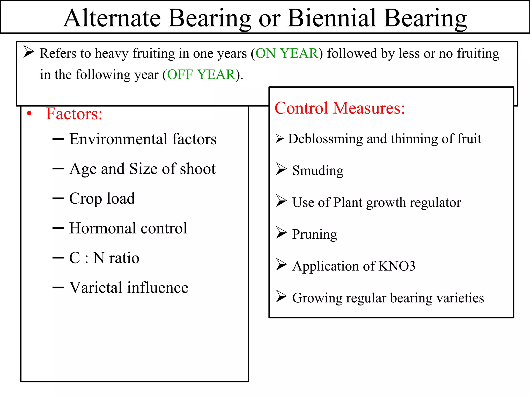 Alternate Bearing or Biennial Bearing
• Factors:
– Environmental factors
– Age and Size of shoot
– Crop load
– Hormonal control
– C : N ratio
– Varietal influence
 Refers to heavy fruiting in one years (ON YEAR) followed by less or no fruiting
in the following year (OFF YEAR).
Control Measures:
 Deblossming and thinning of fruit
 Smuding
 Use of Plant growth regulator
 Pruning
 Application of KNO3
 Growing regular bearing varieties
 