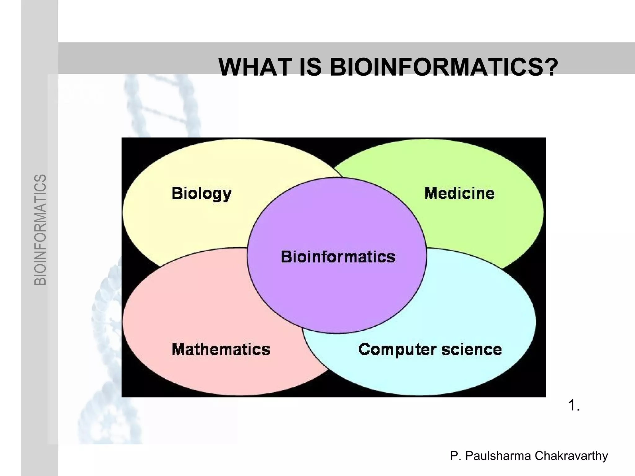 BIOINFORMATICS
P. Paulsharma Chakravarthy
WHAT IS BIOINFORMATICS?
1.
 