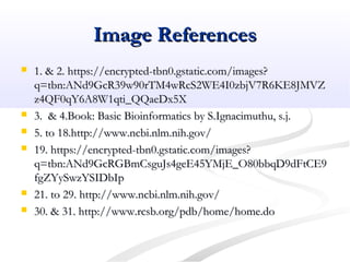 Image ReferencesImage References
 1. & 2. https://encrypted-tbn0.gstatic.com/images?1. & 2. https://encrypted-tbn0.gstatic.com/images?
q=tbn:ANd9GcR39w90rTM4wRcS2WE4I0zbjV7R6KE8JMVZq=tbn:ANd9GcR39w90rTM4wRcS2WE4I0zbjV7R6KE8JMVZ
z4QF0qY6A8W1qti_QQaeDx5Xz4QF0qY6A8W1qti_QQaeDx5X
 3. & 4.Book: Basic Bioinformatics by S.Ignacimuthu, s.j.3. & 4.Book: Basic Bioinformatics by S.Ignacimuthu, s.j.
 5. to 18.http://www.ncbi.nlm.nih.gov/5. to 18.http://www.ncbi.nlm.nih.gov/
 19. https://encrypted-tbn0.gstatic.com/images?19. https://encrypted-tbn0.gstatic.com/images?
q=tbn:ANd9GcRGBmCsguJs4geE45YMjE_O80bbqD9dFtCE9q=tbn:ANd9GcRGBmCsguJs4geE45YMjE_O80bbqD9dFtCE9
fgZYySwzYSIDbIpfgZYySwzYSIDbIp
 21. to 29. http://www.ncbi.nlm.nih.gov/21. to 29. http://www.ncbi.nlm.nih.gov/
 30. & 31. http://www.rcsb.org/pdb/home/home.do30. & 31. http://www.rcsb.org/pdb/home/home.do
 