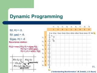 Dynamic Programming
S(I, H) = -3,
S(I, gap) = -8,
S(gap, H) = -8
Recurrence relation:
F(i,j) = max [ F(i,j-1) + s(gap,Y(j),
F(i-1,j) + s(X(i),gap),
F(i-1, j-1) + s(X(i), Y(j)]
[“Understanding Bioinformatics”, M. Zvelebil, J. O. Baum]
11.
 