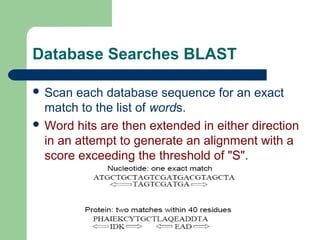 Database Searches BLAST
 Scan each database sequence for an exact
match to the list of words.
 Word hits are then extended in either direction
in an attempt to generate an alignment with a
score exceeding the threshold of "S".
 