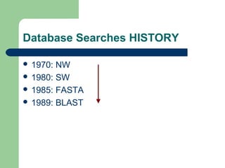 Database Searches HISTORY
 1970: NW
 1980: SW
 1985: FASTA
 1989: BLAST
 