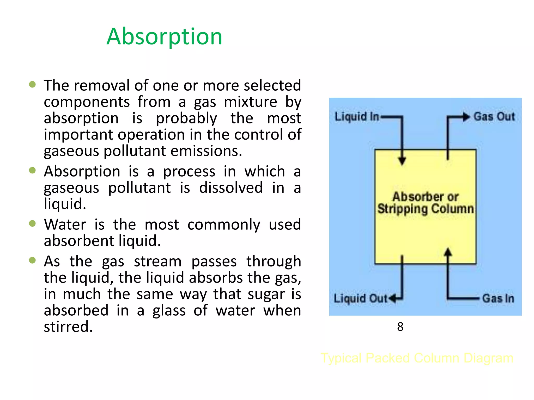 Absorption
 The removal of one or more selected
components from a gas mixture by
absorption is probably the most
important operation in the control of
gaseous pollutant emissions.
 Absorption is a process in which a
gaseous pollutant is dissolved in a
liquid.
 Water is the most commonly used
absorbent liquid.
 As the gas stream passes through
the liquid, the liquid absorbs the gas,
in much the same way that sugar is
absorbed in a glass of water when
stirred.
Typical Packed Column Diagram
8
 