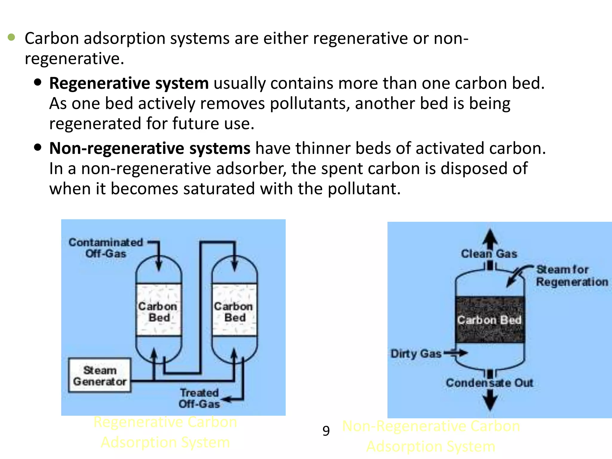  Carbon adsorption systems are either regenerative or non-
regenerative.
 Regenerative system usually contains more than one carbon bed.
As one bed actively removes pollutants, another bed is being
regenerated for future use.
 Non-regenerative systems have thinner beds of activated carbon.
In a non-regenerative adsorber, the spent carbon is disposed of
when it becomes saturated with the pollutant.
Non-Regenerative Carbon
Adsorption System
Regenerative Carbon
Adsorption System
9
 